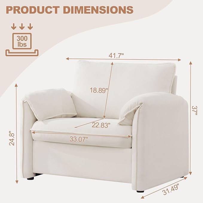 Oversized Accent Chair for Living Room, 41.73" Large Modern Armchair with Deep Seat, Mid-Century Comfy Reading Chair with Padded Arms, Chenille Single Sofa Chairs for Bedroom, Beige