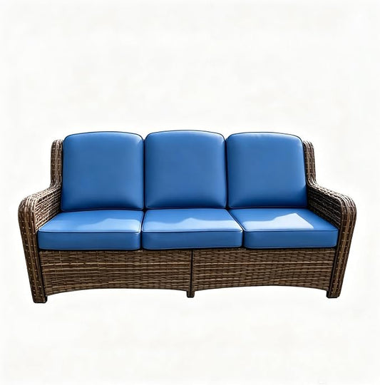 Outdoor Patio Sofa, 3 Seater Sofa with High Back, Deep Seating, Wide Armrest, Thickened Cushions for Deck, Porch Use, Blue