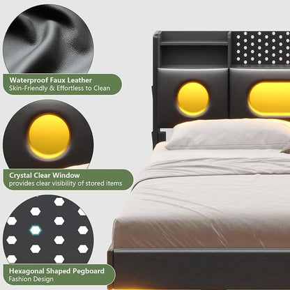 Dnxao Floating Bed Frame Queen with Headboard Storage& LED Lights, PU Black | Modern Metal Platform Bed with USB & Type C Charging Station and Hidden Storage, Metal Support, No Box Spring Needed