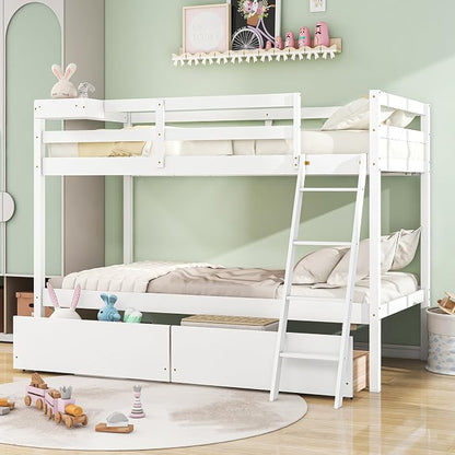 KOMFOTT Twin Over Twin Bunk Bed with 2 Roll-Out Drawers, Wood Bunk Bed Frame with Removable Storage Box, Bunk Bed with Ladder & Safety Guardrail for Dorm Apartment Home, No Box Spring Needed (White)