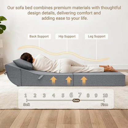 BeBen Folding Sofa Bed Chair, Convertible Sleeper Chair Futon Couch, Foldable Boneless Floor Lounge Sofa, Single Foam Chair Bed for Small Spaces, Dorm, Guest Room, Living Room, Apartment, Dark Grey