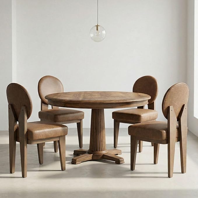 Hyfirm Mid-Century Modern Walnut Dining Chairs Set of 6, Vintage Brown Leather Wooden Kitchen Chairs, Retro Upholstered PU Cushioned Seat with Curved Backrest, Armless Accent Side Chair for Bedroom