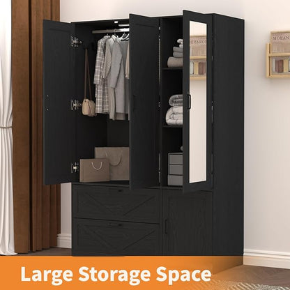 Armoire Wardrobe Closet with 3 Door, Bedroom Armoire with Mirror, LED Light, Hanging Rod, Drawers,Adjustable Shelves,Large Capacity Closet for Bedroom,47.2L,Black