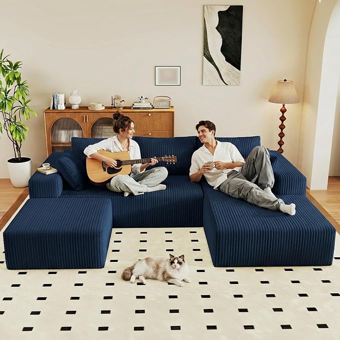 95" Cloud Sectional Couch U-Shaped Chaise with Ottoman, Corduroy Boneless Couch for Living Room Bedroom, Deep-Seat Upholstered Modular Cloud Sofa, No Assembly Required (Blue, Right Facing Chaise)