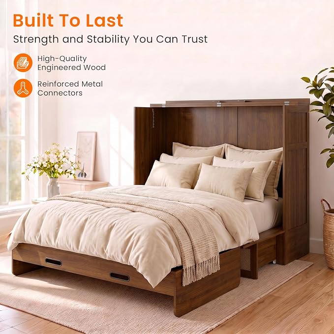 CECER Queen Murphy Bed with Mattress for Guest/Small Space-Black Walnut | Built-in Multi-Port Charging Station ＆ Large Storage Drawer，Space Saving ＆ Easy Assemble and Conversion