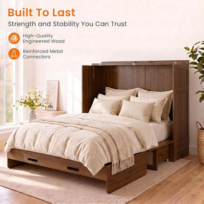 CECER Queen Murphy Bed with Mattress for Guest/Small Space-Black Walnut | Built-in Multi-Port Charging Station ＆ Large Storage Drawer，Space Saving ＆ Easy Assemble and Conversion