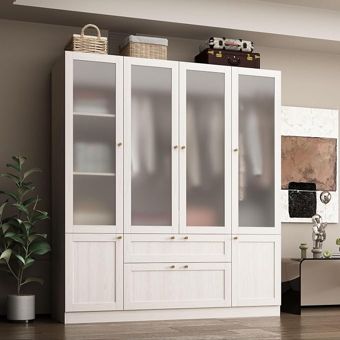 MOUMON Bedroom Armoires with Frosted Glass Doors and Hanging Rod, Wide Modern Wardrobe with Drawers, Large Armoire Wardrobe Closet, Wood Grain 63" W x 19.7" D x 70.9" H