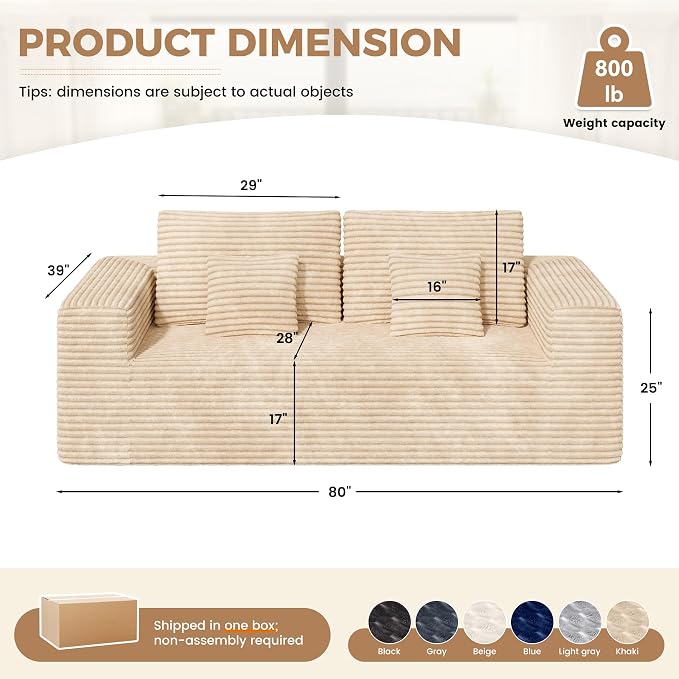 Luxanimarion 80'' Modern Cloud Loveseat Sofa, No Assembly Required Deep Seat Comfy Small Couches Includes 2 pcs Pillows for Living Room, Bedroom, Apartment(Khaki)