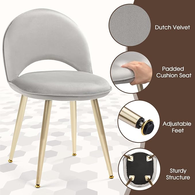 Vanity Chair with Adjustable Backrest, Velvet Upholstery Armless Makeup Stool, Gray Velvet Vanity Stool with Gold Metal Legs for Bedroom Living Room Kitchen Dinning Room (Gold and Gray)