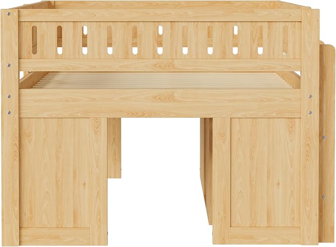 Full Size Loft Bed with Storage Cabinet & Chalkboard Panel, Wood Loft Bed Frame, Space-Saving Design, Natural