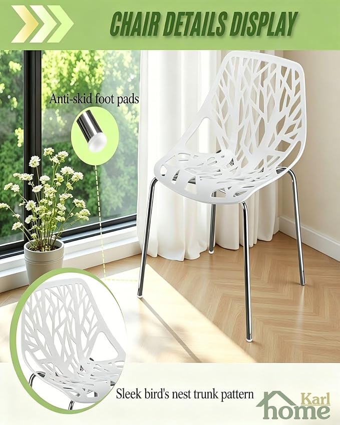 Karl home Stackable Dining Chairs Set of 4, 3-Step Assembly, 350LBS, White | Bird's nest trunk pattern, robust metal frame, 350lbs capacity, plastic construction, for kitchen/dining/bedroom/living room