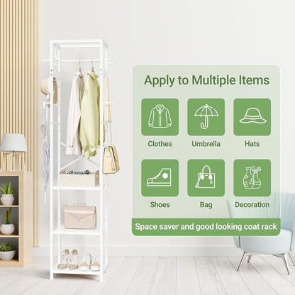 ELYKEN Coat Rack Freestanding, Hall Tree with 3 Storage Shelves and 12 Hooks, Industrial Clothes Rack Stand Organizer for Bedroom, Hallway, Entryway, Office, Living Room, White