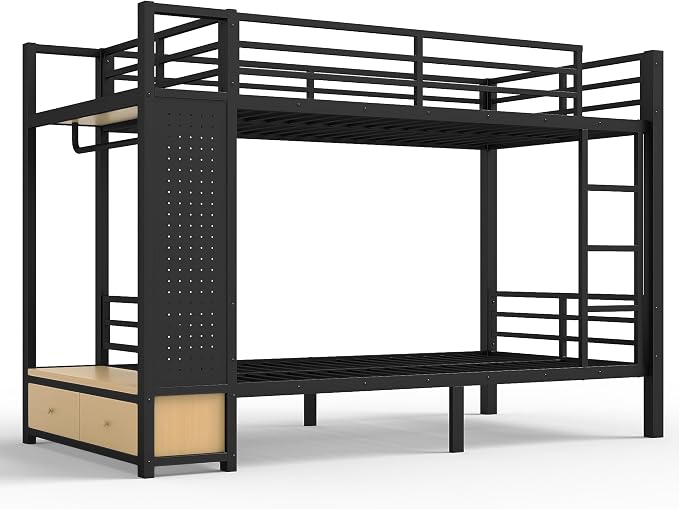 Bellemave Bunk Bed Twin XL Over Twin XL,Metal Bunk Bed with Shelf and Guardrails,Queen Bunk beds with Storage Drawers and Clothes Hooks for Kids, Teens & Adults（Black）