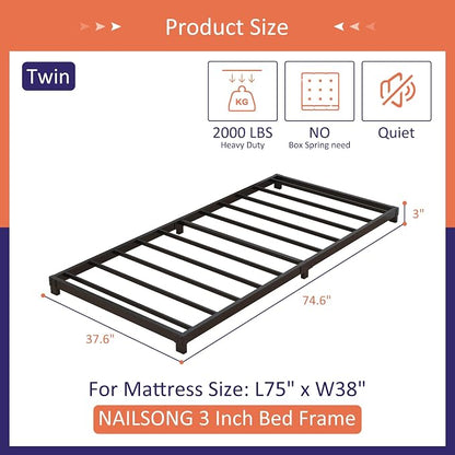 Nailsong 3 Inch Twin Bed Frames Low Profile, Twin Platform Bed Frame No Box Spring Needed, Heavy Duty Metal, Easy Assembly, Black