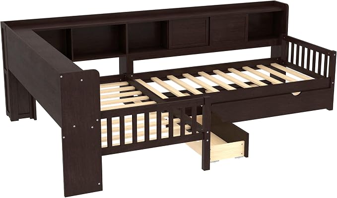 Bellemave L Shaped Corner Bed for 2 Kids, Double Twin Platform BedFrame with Trundle and Shelves, Espresso