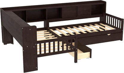 Bellemave L Shaped Corner Bed for 2 Kids, Double Twin Platform BedFrame with Trundle and Shelves, Espresso