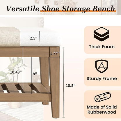 Apicizon 45" Shoe Rack Bench with Cushion, Solid Rubberwood Entryway Bench with Shoe Storage, Modern Chenille Upholstered Shoe Storage Bench for Hallway Bedroom Living Room Front Door Entrance, Beige