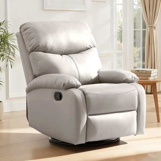 Genuine Leather Rocker Recliner Modern Manual Swivel Glider Recliner with Adjustable Backrest & Footrest Wall Hugger Swivel Rocking Recliner Chair for Modern Living Room and RV Beige