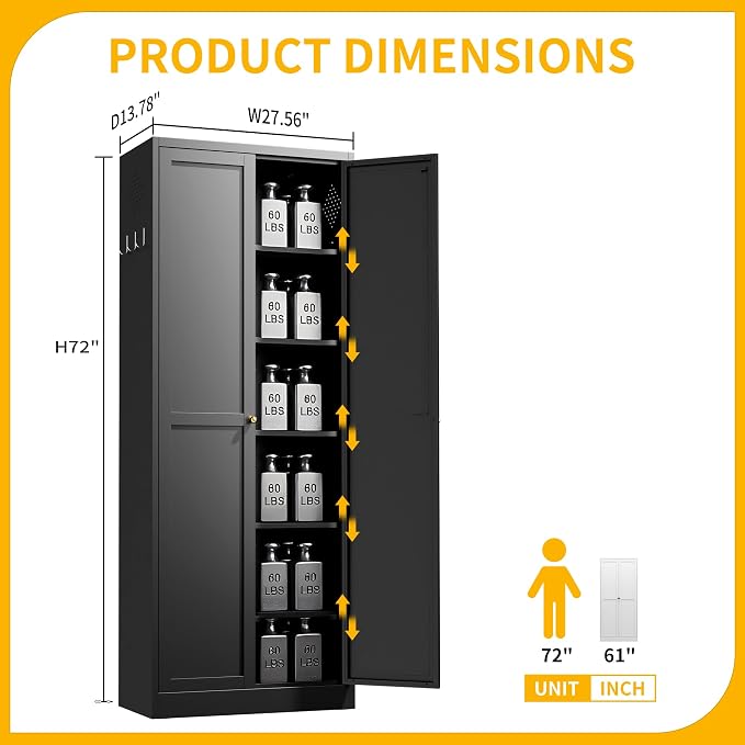 72" Metal Storage Cabinet, Large Capacity Pantry Cabinet with 6-Tier, Kitchen Storage Cabinet with 2 Doors and 5 Adjustable Shelves for Home, Kitchen, Dining, Living Room (Black)