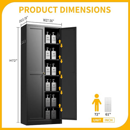 72" Metal Storage Cabinet, Large Capacity Pantry Cabinet with 6-Tier, Kitchen Storage Cabinet with 2 Doors and 5 Adjustable Shelves for Home, Kitchen, Dining, Living Room (Black)