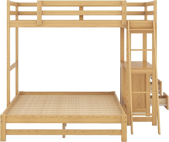 Ball & Cast Twin Over Full Bunk Bed with Safty Guardrail & Stair,Solid Wood Construction W/Built-in Desk & 3 Drawers,Can Divided Into 2 Bedframe,Easy Assembly,for Boy Girl Teen Adult Bedroom,Natural