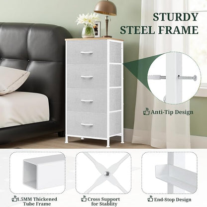 4 Drawers Dresser for Bedroom, Fabric Storage Tower Organizer with Wooden Top and Steel Frame, Tall Chest of Drawers for Closet, Entryway, Dorm, Light Gray