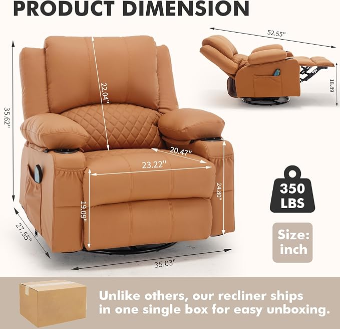 Faux Leather Recliner Chair with Heat and Massage Cup Holder, Overstuffed Swivel Rocker Recliner Chair Rocking Glider Chair Lounge Chair, Orange