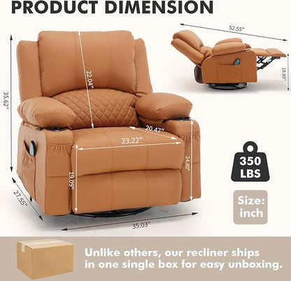 Faux Leather Recliner Chair with Heat and Massage Cup Holder, Overstuffed Swivel Rocker Recliner Chair Rocking Glider Chair Lounge Chair, Orange