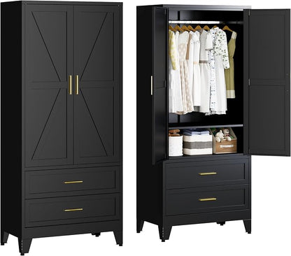 Steel Armoire Wardrobe Closet with 2 Drawers, 71" Metal Wardrobe Cabinet with Adjustable Shelves and Hanging Rod for Bedroom, Black Metal Clothing Storage Cabinets with 2 Doors