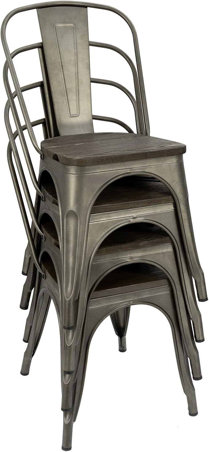 Furmax Metal Dining Chair Indoor-Outdoor Use Stackable Chic Dining Bistro Cafe Side Metal Chairs Set of 4(Gun)