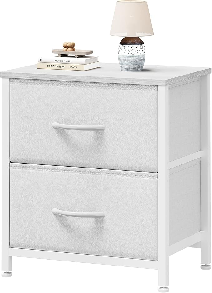 Sweetcrispy Nightstand with 2 Storage Drawers, Small Bedside Table, White | 20" Height End Table, Wooden Top Fabric Cabinet for Bedroom, Furniture, Closet, College Dorm