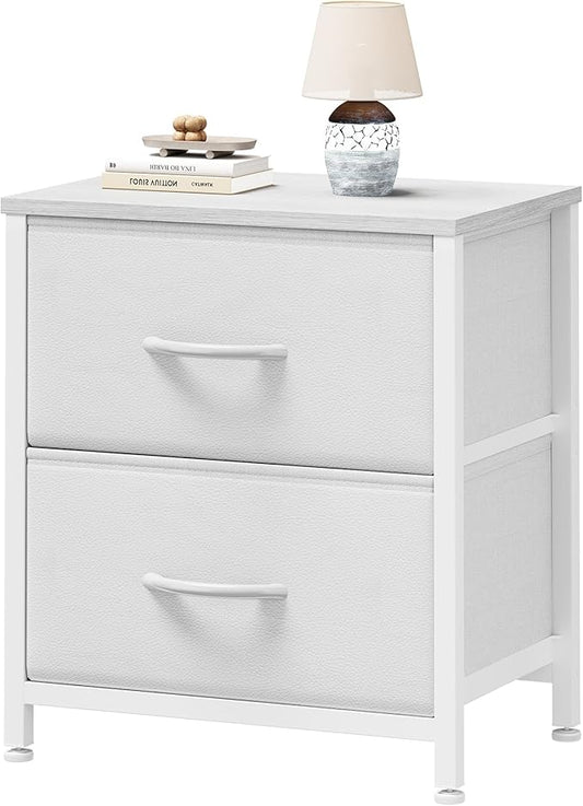 Sweetcrispy Nightstand with 2 Storage Drawers, Small Bedside Table, White | 20" Height End Table, Wooden Top Fabric Cabinet for Bedroom, Furniture, Closet, College Dorm