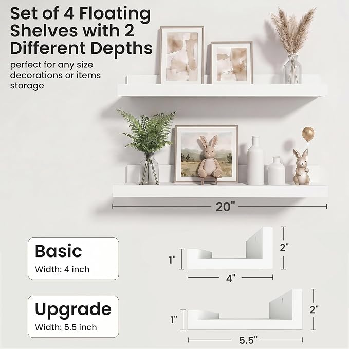 Axeman Picture Ledge Shelf | 20 Inch Floating Shelves Set of 4 | White Wall Shelves with Lip | White Picture Shelf for Wall with Ledge | Wood Photo Ledges for Living Room Bedroom