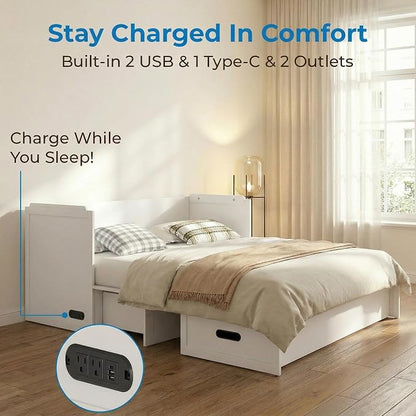 Mjkone Queen Murphy Bed with Mattress Include, Murphy Cabinet Bed with USB Charging Station, Hidden Cube Cabinet Beds with Large Storage Drawer for Bedroom Guest Room Home Office, White