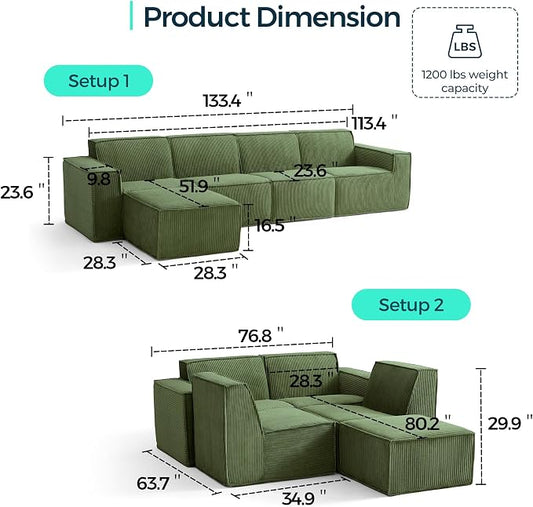 LINSY HOME Modular Sectional Sofa, 134" Boneless Couch L Shaped 4-Seat Sofa with Movable Ottoman, Corduroy Sectional Cloud Couches for Living Room, No Assembly Required, Green