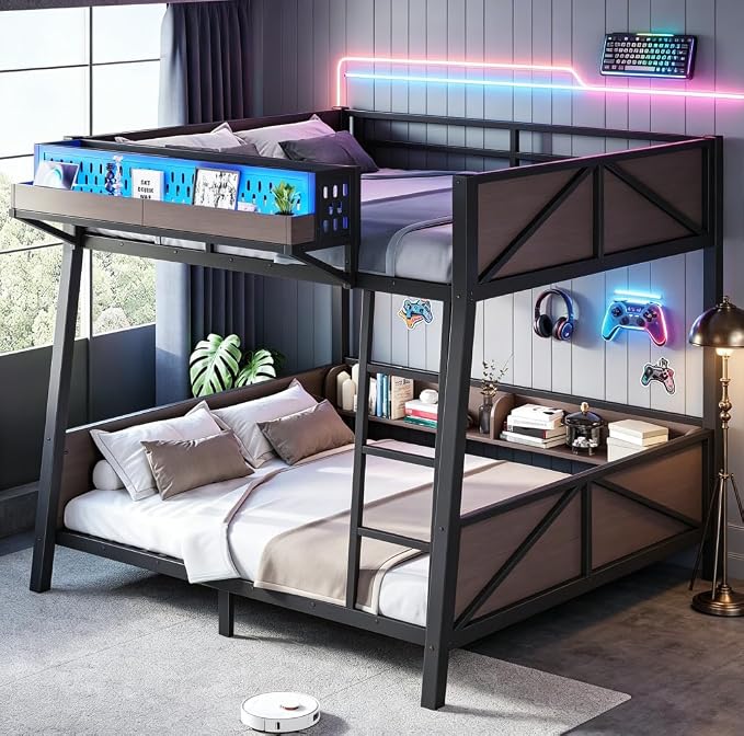 Bellemave Bunk Bed Full Over Full with LED, Heavy Duty Metal Bunk BedFrame with Storage Shelves and Lights, Black