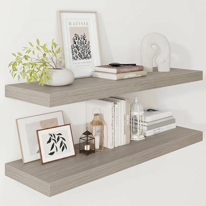 Vivelove 12" Deep Floating Shelves for Wall 36" Long, Wall Shelves for Bedroom Living Room Bathroom Kitchen Laundry Room, Farmhouse Rustic Shelves for Home Decor, 36" X 12" X 2" Set of 2, Grey