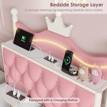 Keyluv Twin Size Upholstered LED Canopy Bed Frame with Charging Station and Drawer, Button Tufted Crown Headboard with Storage Shelf, Two-Purpose Removable Four Poster Design Platform Bed, Pink