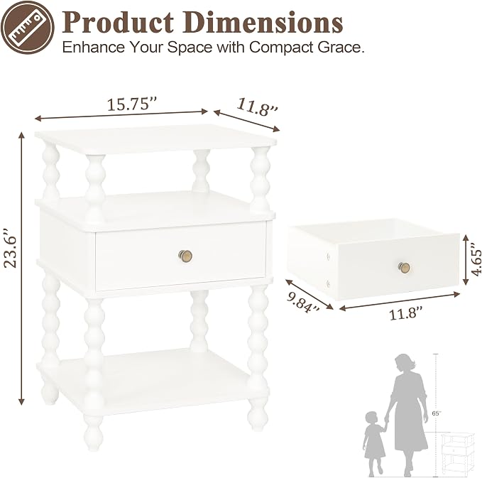 AWASEN White Nightstand, Bed Side Table Bedroom with Drawer, 3-Tier Small Night Stand End Table with Storage for Small Spaces &Solid Wood Spindle Legs, White