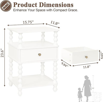AWASEN White Nightstand, Bed Side Table Bedroom with Drawer, 3-Tier Small Night Stand End Table with Storage for Small Spaces &Solid Wood Spindle Legs, White