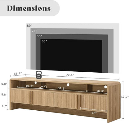AMERLIFE Modern TV Stand for TVs up to 80", 70 inch Fluted TV Console with Storage Cabinets, Wood Entertainment Center Media Console for Living Room, Natural Oak
