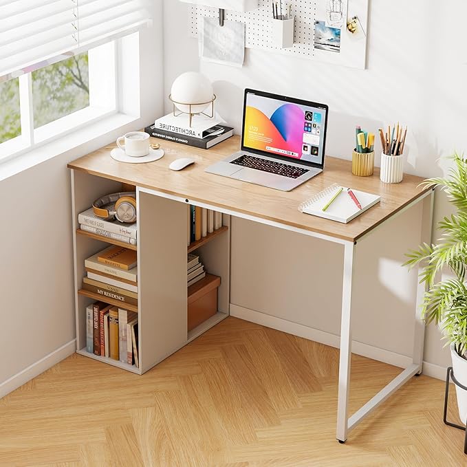 Tangkula Computer Desk with Storage Shelves, Home Office Desk with 5 Side Shelves & Metal Frame, Space Saving Laptop PC Desk, Writing Study Desk, Modern Vanity Desk for Bedroom (Natural)
