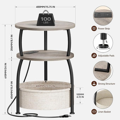 Round Side Table with Charging Station, USB Type C Port, Greige | End Table with Power Outlet and Basket, Space Saving, 3-Tier Nightstand, Corner Stand, for Living Room, Bedroom, Patio