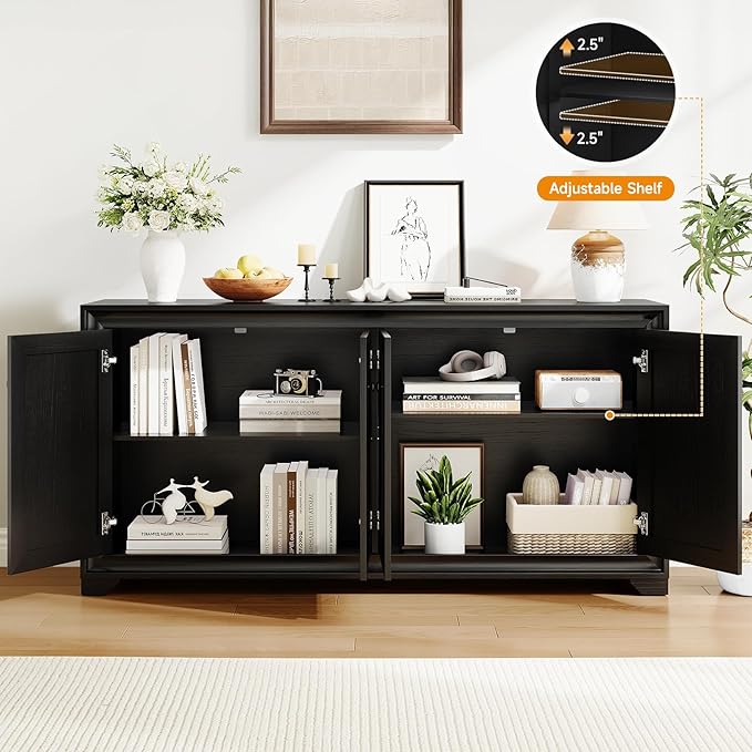ONBRILL 60" Buffet Cabinet with Storage, 4 Doors Sideboard Buffet Cabinet with Adjustable Shelves, Modern Coffee Bar Console Table for Living Room, Kitchen, Entryway, Black