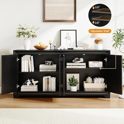 ONBRILL 60" Buffet Cabinet with Storage, 4 Doors Sideboard Buffet Cabinet with Adjustable Shelves, Modern Coffee Bar Console Table for Living Room, Kitchen, Entryway, Black