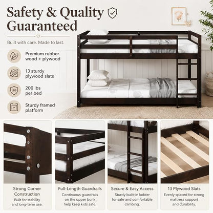 Twin Over Twin Bunk Bed, Low Profile Wooden Frame for Kids Bedroom, Floor Bunk with Ladder and Guardrails, Rubber Wood Construction, 13 Plywood Slats, No Box Spring Needed (Espresso)