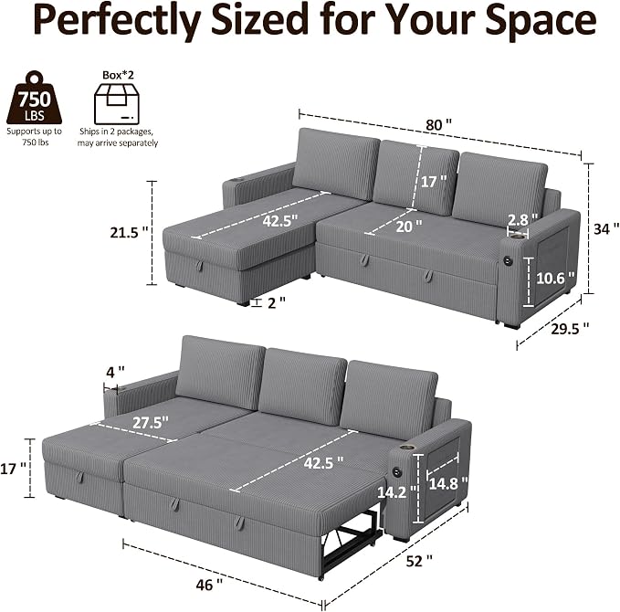 Ball & Cast 80" Sectional Sleeper Sofa Bed Pull Out Couches for Living Room | L Shaped Convertible Pull Out Sofa Bed with Storage Chaise, Foldable Table, USB Port, Cup Holder, Side Pocket for Small Space