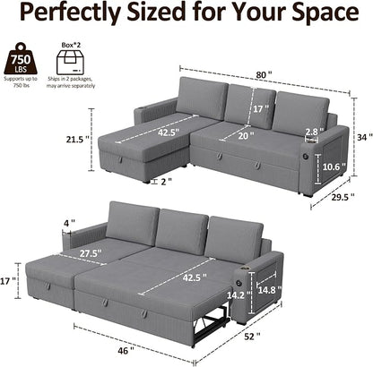 Ball & Cast 80" Sectional Sleeper Sofa Bed Pull Out Couches for Living Room | L Shaped Convertible Pull Out Sofa Bed with Storage Chaise, LED Lights, Foldable Table, USB Ports, Cup Holder and Side Pocket