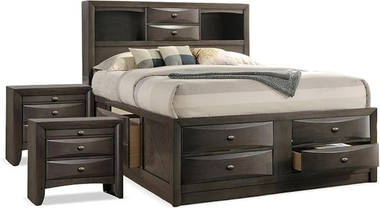 Furniture of America Darius Transitional Solid Wood 3-Piece Queen Platform Bedroom Set with Drawers, Bookcase Headboard and Knob Pulls, Mattress Ready, Gray