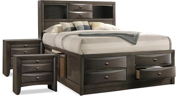 Furniture of America Darius Transitional Solid Wood 3-Piece King Platform Bedroom Set with Drawers, Bookcase Headboard and Knob Pulls, Mattress Ready, Gray